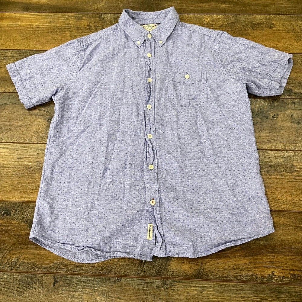 Weatherproof Vintage Mens Large Blue Washable Linen Short Sleeve Button Down